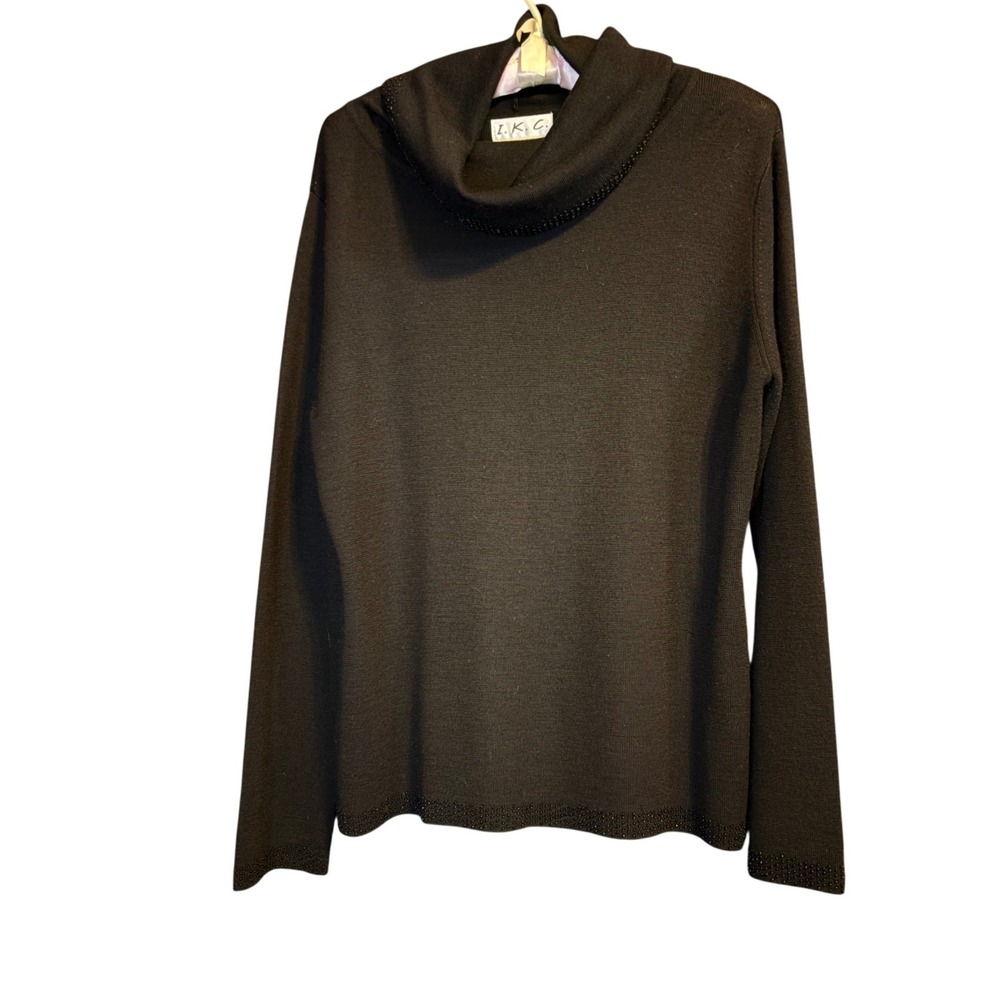 I.K.C. Womens Black Cowl Neck Beaded Trim Wool Blend Knit Sweater Size M